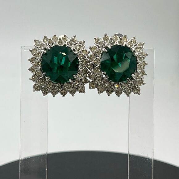 Green Prong Set Rhinestone Open Back Stacked Halo Silver Tone Clip on Earrings - Picture 2 of 7